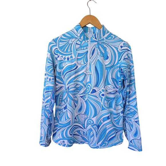 IBKUL IICKULS Turquoise Blue Swirl Long Sleeve Zip Mock SPF 50 Medium - Picture 5 of 7
